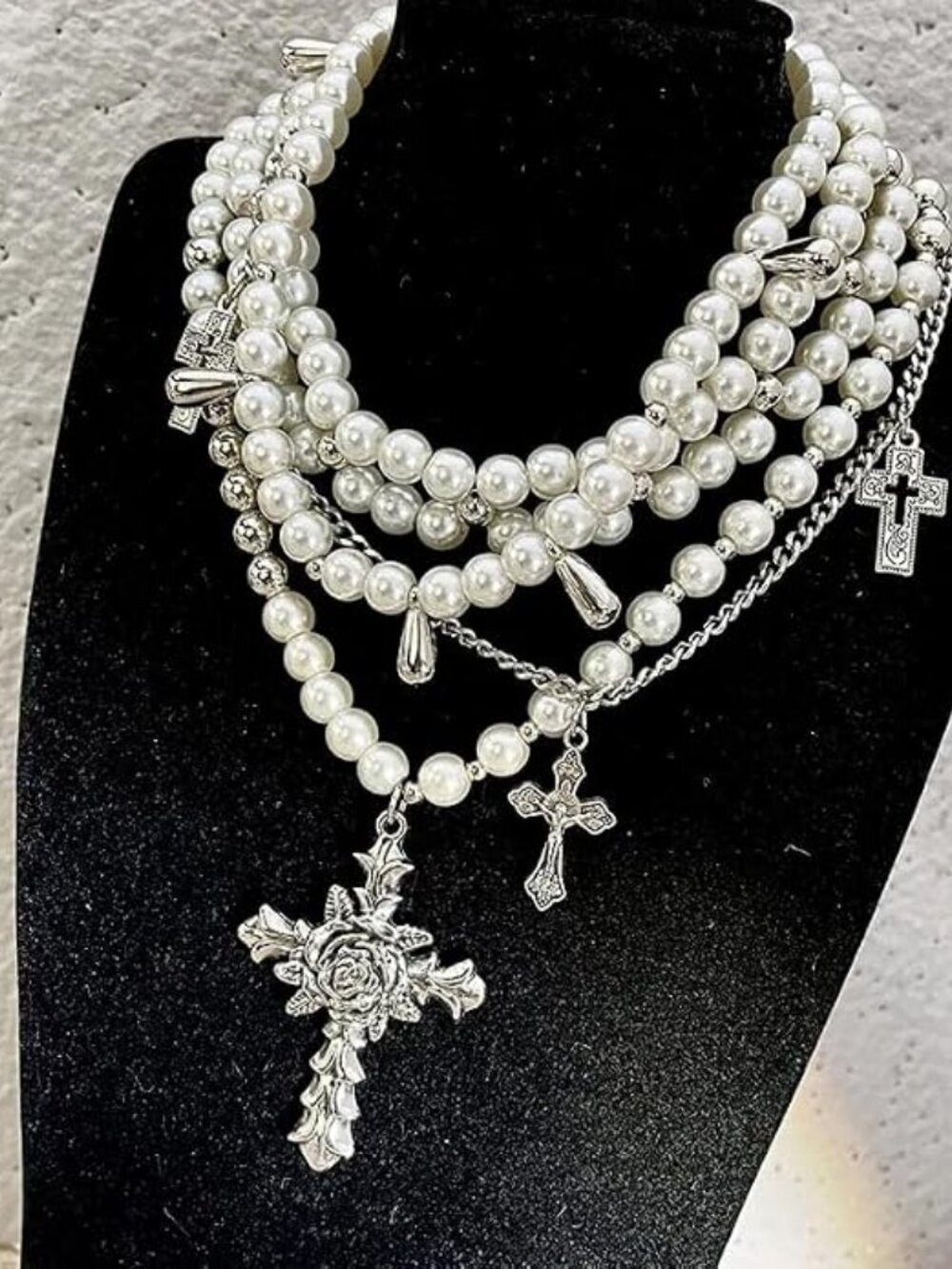 Layered Pearl Necklace Gothic Cross Pearl Stacked Necklace for Women - Picture 2 of 6